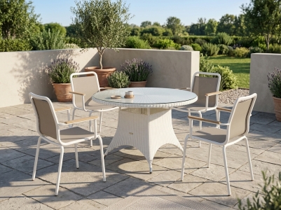 Fresco & Hastings wei&szlig; Gartenm&ouml;belset, 4 Stapelsessel und 1 Tisch rund 110cm
