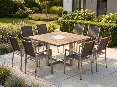 Zebra Quadux-Pontiac Gartenm&ouml;belset, 8 Hochlehner stapelbar und 1 Tisch aus recyceltem Teakholz 140x140cm