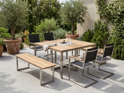 Zebra Quadux-Pontiac Set-2, 4 Schwingsessel, 2 B&auml;nke und 1 Tisch 140x140cm aus recyceltem Teakholz