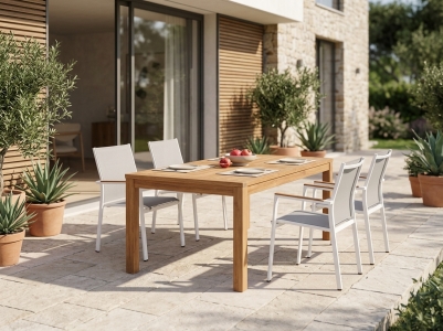 Zebra Fly-Bali Gartenm&ouml;belset, 4 Stapelsessel wei&szlig; und 1 Tisch Teak 160x90cm