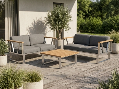 Zebra Belvedere Loungeset-11, Edelstahl, inkl. Polster aus Tuva medium grey und 1 Kaffeetisch mit Teakplatte