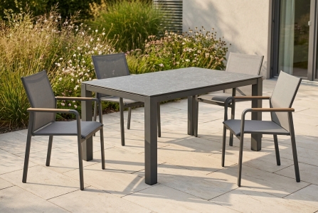 Zebra Bee-Alus grahite  Gartenm&ouml;belset, 4 Stapelsessel und 1 Tisch 160x90cm mit HPL Tischplatte