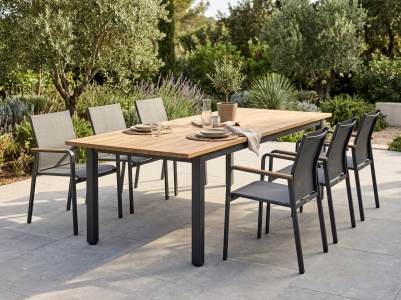 Zebra Hudson-Bee Gartenm&ouml;belset-5, 6 Stapelsessel und 1 Ausziehtisch 230-315x100cm aus Teakholz geb&uuml;rstet