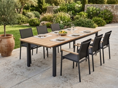 Zebra Hudson & Enox Gartenm&ouml;belset, 6 Stapelsessel und 1 Ausziehtisch 230-315x100cm aus Teakholz geb&uuml;rstet