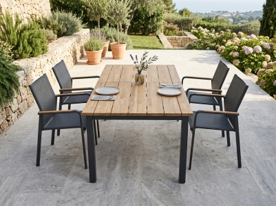 Zebra Hudson-Bee Gartenm&ouml;belset-7 graphite, 4 Stapelsessel und 1 Ausziehtisch 170-240 x 100cm aus Teakholz geb&uuml;rstet