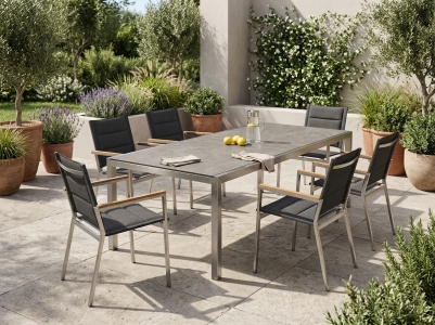 Zebra Everest-Kubex Gartenm&ouml;belset, 1 Ausziehtisch 190-300x100cm HPL und 6 Stapelsessel gepolstert