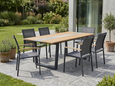 Zebra Alex-Phoenix Gartenm&ouml;belset graphit, 1 Tisch 220x110cm recyceltem Teak, 6 Sessel