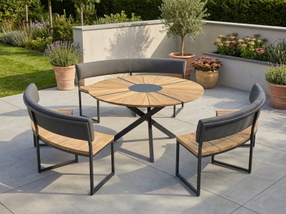 Zebra Onyx-Oryx Edge Gartenm&ouml;belset, recyceltem Teakholz, 3 Viertelb&auml;nke, 1 Tisch rund 135cm