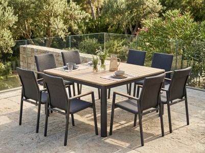 MWH Minto Gartenm&ouml;belset, 8 Stapelsessel und 1 Ausziehtisch 151x150-210cm