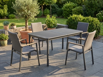 MWH Universal-Minto Gartenm&ouml;belset-4 eisengrau, 4 gepolsterte Stapelsessel und 1 Ausziehtisch 163-261x90cm