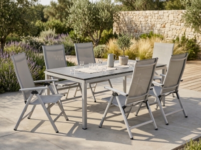 MWH Widoo-Alutapo Gartenm&ouml;belset silber, 6 Positionssessel, 1 Tisch HPL 220x95cm