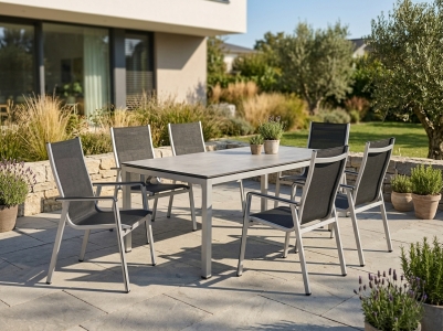 MWH Elements-Alutapo Gartenm&ouml;belset-7 silber, 6 Sessel, 1 Tisch HPL 220x95cm