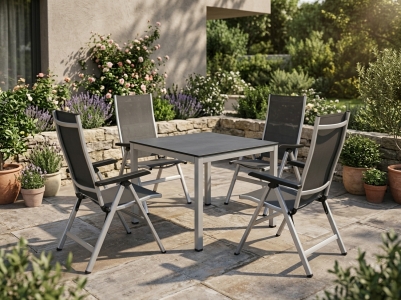 MWH Elements-Alutapo Gartenm&ouml;belset silber, 4 Posisitionssessel, 1 Tisch 95x95cm