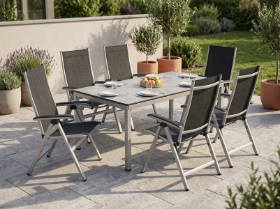 MWH Core-Alutapo Gartenm&ouml;belset silber, 6 Positionssessel, 1 Tisch 220x95cm