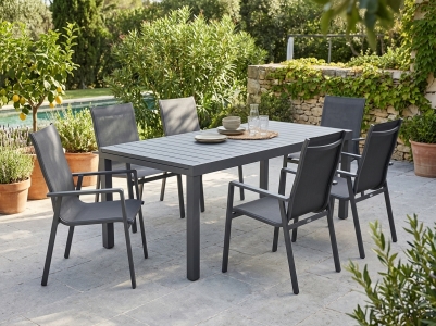 MWH Catalina-Kedline Gartenm&ouml;belset, 6 Stapelsessel, 1 Ausziehtisch 200-300x103cm