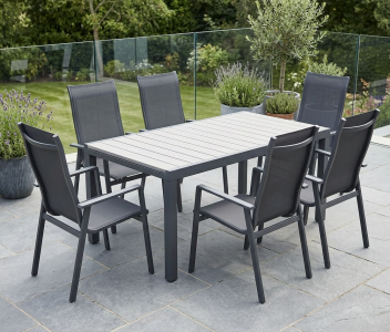MWH Catalina-Kedline Gartenm&ouml;belset, 6 Stapelsessel, 1 Ausziehtisch 200-300x103cm