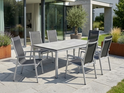MWH Kedline- Alutapo Gartenm&ouml;belset silber, 6 Stapelsessel und 1 Tisch 220x95cm