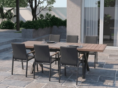 MWH Woody-Minto Gartenm&ouml;belset, 6 Stapelsessel und 1 Ausziehtisch 180-239x100cm