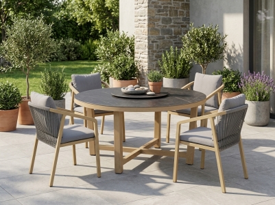 MWH Kanto Gartenm&ouml;belset Aluminium-Holzoptik, 4 Stapelsessel und 1 Tisch 159cm rund mit Lazy Suzan Funktion