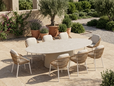 MWH Desert-Norden Gartenm&ouml;belset, 8 Gartensessel mit Polster und 1 Tisch Elipseform 239x119x72,5cm