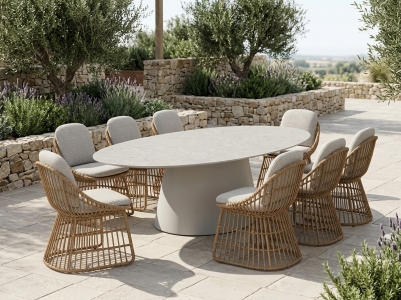 MWH Desert-Norden Gartenm&ouml;belset-2, 8 Gartensessel mit Polster und 1 Tisch Elipse 239x119x72,5cm