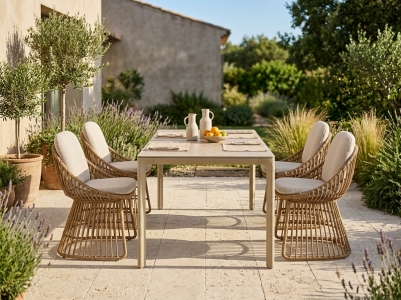 MWH Nomad-Norden Gartenm&ouml;belset-4 sand, 4 Sessel mit Kissen und 1 Tisch 160x95cm