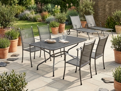 MWH Excelsior-Verso Gartenm&ouml;bel-Set XL eisengrau, 4 Hochlehner, 1 Tisch 145x90cm, 2 Rollliegen