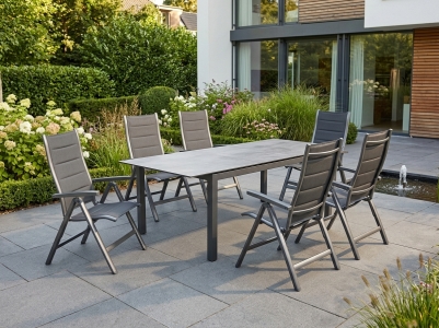 MWH Richmond-Alutapo Gartenm&ouml;bel-Set eisengrau, 6 Positionssessel, 1 Ausziehtisch HPL Zement  228-295x100cm
