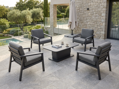MWH Focosa Loungeset, 4 Loungesessel gepolstert, 1 Loungetisch 130x75x64cm h&ouml;henverstellbar