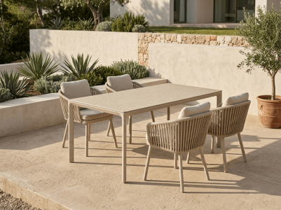 MWH Pulse-Nomad Gartenm&ouml;bel-Set sand, 4 Sessel mit Sitzkissen, 1 Tisch 160x95x75cm