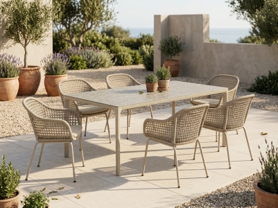 MWH Pulse-Nomad Gartenm&ouml;belset sand, 6 Sessel mit Sitzkissen, 1 Tisch 208x100x75cm
