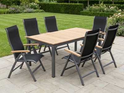MWH Kensington Plus-Alutapo Gartenm&ouml;belset, 6 Positionssessel, 1 Gartentisch Teak, 220x95cm