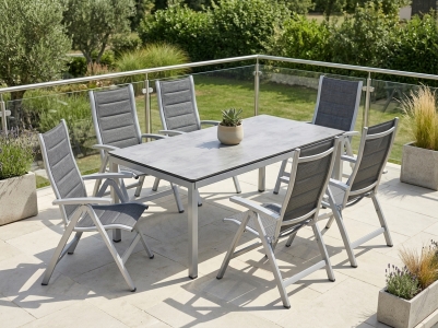 MWH Alutapo-Richmond Gartenm&ouml;belset silber, 6 Positionssessel, 1 Tisch HPL Zement Silber, 220x95cm