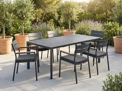 MWH Norland-Nomad Gartenm&ouml;belset anthrazit, 6 Stapelsessel mit Sitzkissen und 1 Tisch 208x100x75cm