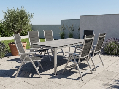 MWH Richmond-Alutapo Gartenm&ouml;belset, 6 Positionssessel und 1 Tisch HPL Zement Silber, 220x95cm