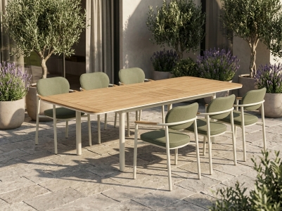 Royal Garden Kemo Gartenm&ouml;belset sand, 6 Sessel gepolstert, 1 Ausziehtisch 216-276x111x76cm Teakholz