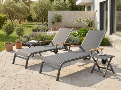 MWH Kensington Plus Gartenliegen-Set, 2 Rollliegen mit verstellbaren R&uuml;ckenteil, 2 Hocker