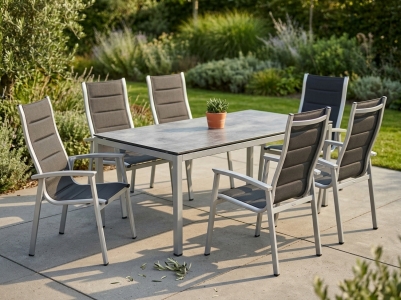 MWH Richmond-Alutapo Gartenm&ouml;belset silber, 6 Stapelsessel, Tisch HPL Zement Silber, 220x95cm