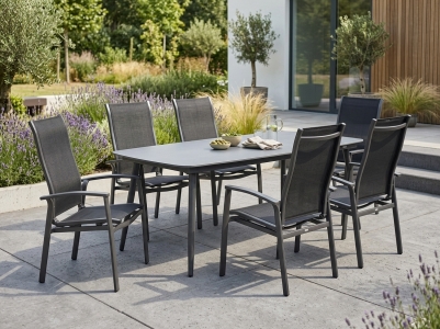 MWH Kensington Plus-Ropero Gartenm&ouml;belset iron grey, 6 Sessel mit  verstellbarer R&uuml;ckenlehne, 1 Tisch 210x105cm Naturstein