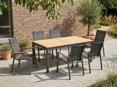 MWH Reno & Alutapo Set Gartenm&ouml;belset, 6 Stapelsessel, 1 Gartentisch 160x95cm mit Teakholzplatte