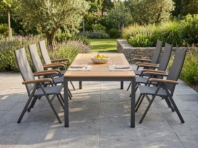 MWH Reno-Alutapo Gartenm&ouml;belset eisengrau, 6 Positionssessel, 1  Gartentisch 220x95cm mit Teakholzplatte