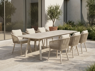 MWH Vila Nova-Free Gartenm&ouml;belset sand, 6 Sessel mit Kissen und 1 Ausziehtisch 220-260x100x76cm