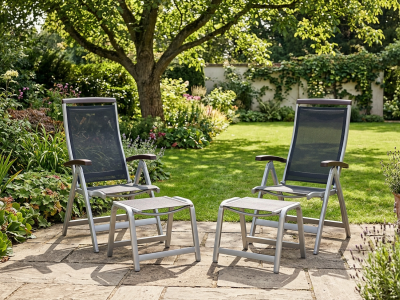 Sieger Exclusiv Royal Klappsessel-Set graphit, 2 Klappsessel 6-fach verstellbar, 2 Hocker