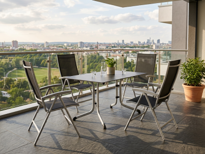 Sirio Gartenm&ouml;belset graphit, 4 Klappsessel R&uuml;ckenteil 6-fach verstellbar, 1 Klapptisch 140x90cm Dekor Schiefer