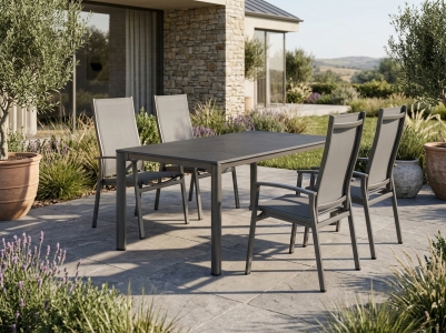 Lima-Exclusiv Gartenm&ouml;belset eisengrau, 4 Hochlehner stapelbar mit verstellb. Lehne, 1 Tisch Loft 165x95cm