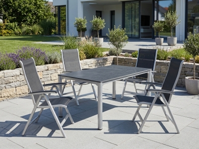 Calvi-Exclusiv-Gartenm&ouml;bel-Set graphit, 4 Klappsessel mit 6-fach verstellbarem R&uuml;ckenteil. 1 Tisch 165x95cm Vivodur Schiefer ant