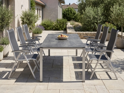 Calvi-Polytec Gartenm&ouml;belset graphit, 6 Klappsessel mit verst. R&uuml;ckenlehne und 1 Tisch 220x100cm Polytec Zement