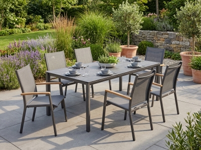 Cadiz Gartenm&ouml;belset graphit, 6 Stapelsessel, 1 Tisch 220x100cm Polytec Zement