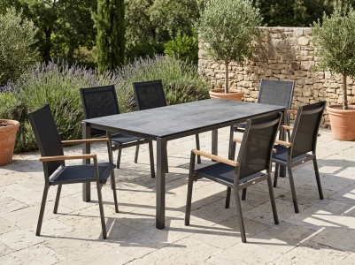 Cadiz Gartenm&ouml;belset-2 graphit, 6 Stapelsessel, 1 Tisch 220x100cm Polytec Zement