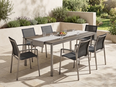 Bozen Gartenm&ouml;belset graphit, 6 Stapelsessel, 1 Tisch 220x100cm Polytec Eiche dunkel-Gestell Graphit